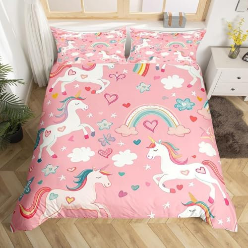 Loussiesd Einhorn Bettwäsche Set 155x220cm Blume Bettbezug Set für Kinder Jungen Mädchen Dekor Regenbogen Schmetterling Bettwäsche-Set Einhorn Glitter Rosa Lila Bettbezug