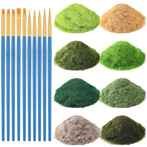 Knitgrip 8 Pack Mixed Static Grass 8 x 30g 5mm Terrain Grass Powder Model Grass Miniature Terrain with Paintbrushes for Sand Table Simulation Landscape Miniatures Garden Scenery, 8 Colors
