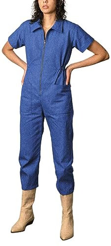 Generisch Kurzer Utility-Overall für Damen, lässiger Kurzarm-Jumpsuit, Reißverschluss-Outfit mit Arbeitshose Damen (Blue, XL)