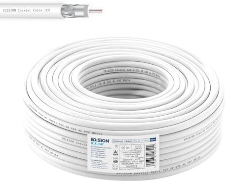 Edision ICX-50 Cable Coaxial 50m, Cable Antena TV Interior PVC Blanco, Acero Cobreado CCS/AL, 17VAtC, CPR Eca, Clase A, Cable Satélite, para DVB-S2, DVB-T/T2, DVB-C, RADIO, Bobina 50m