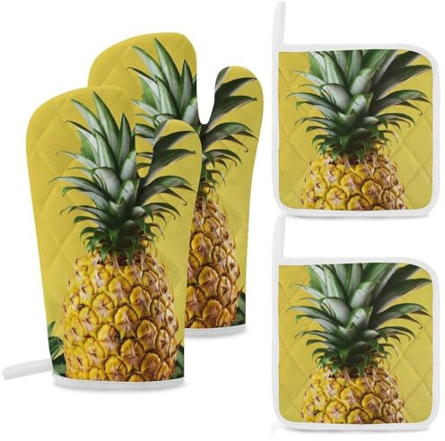 Set di 4 guanti da forno e presine con stampa di ananas gialli, resistenti al calore, guanti da forno extra lunghi e cuscinetti caldi, guanti da cucina antiscivolo, in poliestere, per cucina,