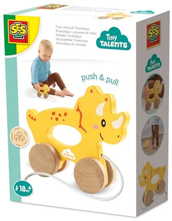 SES Creative 13203 2-in-1 Holz-Triceratops-Ziehtier - Spielset für Kinder ab 18 Monaten - Nutze es als Zieh- oder Schiebetier - Fördert motorische Fähigkeiten