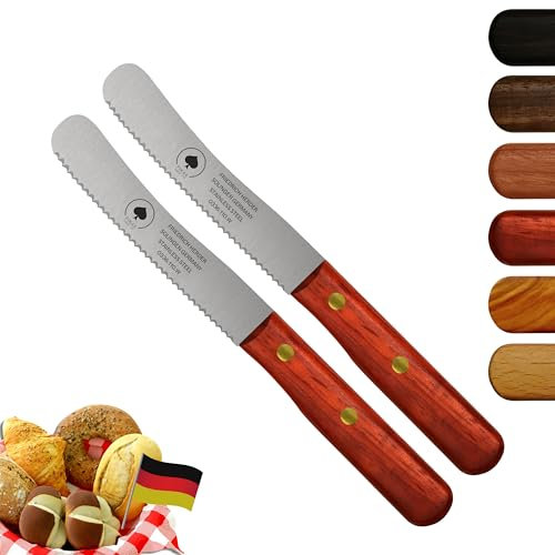 Solingen Messer, 2er Set Padouk Holzgriff, Wellenschliff, Premium Buckelmesser, Klinge rostfrei 11cm - Küchenmesser, Brotmesser, Frühstücksmesser, Dünnschliff & Handabzug, Made in Germany