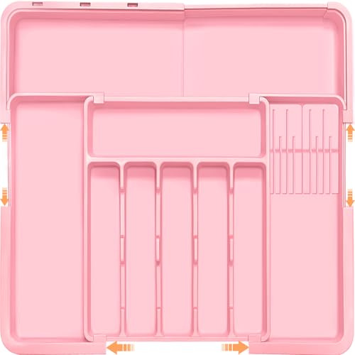 Homecor Silverware Organizer - Expandable Large Kitchen Drawer Organizer Utensil Organizer with 2 Knife Block Inserts, 22x 19 Cutlery Drawer Drawer with Drawer Dividers for Kitchen Cutlery (Pink)