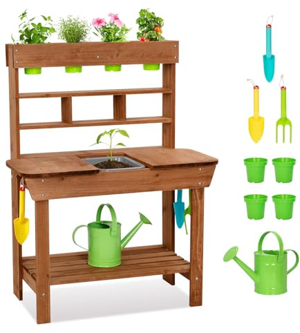 OOOK Pflanzbank Gartenküche Kinder Outdoor, Matschküche Kinder Outdoor mit Abnehmbarer Spüle, Spielküche Outdoorküche ab 3 Jahre mit Gartengeräten und 4 Töpfen