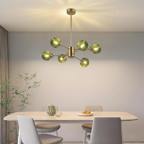 VTAMng Goldener Kronleuchter für Kücheninseln Hängelampe aus grünem Glas Pendelleuchten im Mid Century Stil Sputnik-Leuchten aus Metall Leuchten mit kugelförmigem Lampenschirm für Esszimmer und Wohnzi