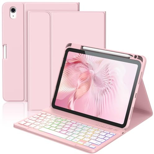 KBCASE Custodia Tastiera per iPad A16 11/10 Generazione (2025/2022) | 7 Colori Illuminato, Senza fili Staccabile Bluetooth Custodia con Portapenna per iPad 10/11 Generazione, Italiano QWERTY,Rosa