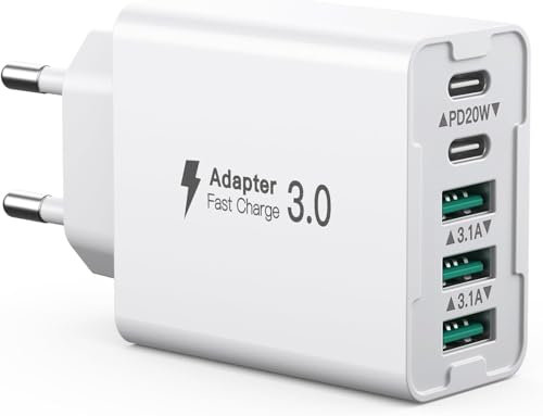 65W Cargador USB Múltiple 5 Puertos Cargador Rápida PD20W + QC3.0 Adaptador de Alimentación USB Compatible con iPhone 16/15/14/13/12/11, Samsung Galaxy S24/S23, iPad y Más