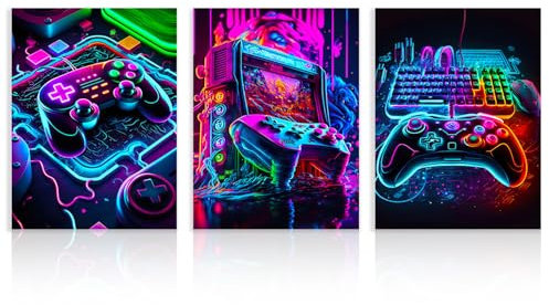 Dazzlewall 3Pcs Cuadros de Arte de Pared de Juegos de Neón, Carteles de Arte de Pared de Videojuegos Para Adolescentes Habitación de Niños Dormitorio Decoración de Sala de Juegos 30X40 cm Sin Marco