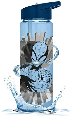 Marvel Spider-Man Water Bottle for Kids - 600ml Flip Up Spout Drinking Bottle for Travel or Home, Plastic Water Bottle for Boys 3+years, Leak-Proof Design