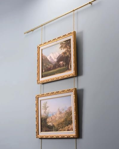 Heavy Duty Gold Picture Rail Hooks and Wire Antique Brass, Gallery Framed Work Picture Rail Hangers and Chain, Home Church Family Pictures