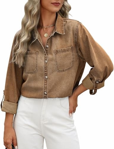 CMTOP Chemise Femme à Manches Longues Chemisier Jeans Chic et Élégant Blouses Col en V Décontracté Veste en Jean Hauts Bouton Tunique Tops avec Poche Automne Printemps