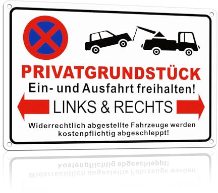 TAKULA Privatgrundstück Schild 30x20cm – Parkverbot mit Abschleppandrohung | Aluminiumschild mit Abschleppdrohung für private Grundstücke. Geeignet für Ein- und Ausfahrten sowie Privatparkplätze.