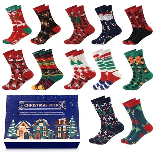 GWAEPU Adventskalender Socken 2025 Herren: Weihnachtskalender mit 12 Paar Weihnachtsmotiven Baumwollsocken für Männer Winter Alltag Weihnachtssocken Geschenk