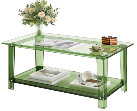 VEVOR Acrylic Coffee Table, 2 Tiers Center Table with Storage Shelf, Modern Rectangle Acrylic Coffee Desk, Ideal for Dining Room, Kitchen Island, Restaurant, Office, 50 x 80 x 40 cm (Green)
