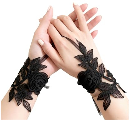 KLINNA Spitzenhandschuhe Schwarz Damen, Elegante Spitze Fingerlose Handschuhe mit Blumenmuster | Ideal für Hochzeit, Halloween, Party & Oper, Vintage Kostüm Accessoire