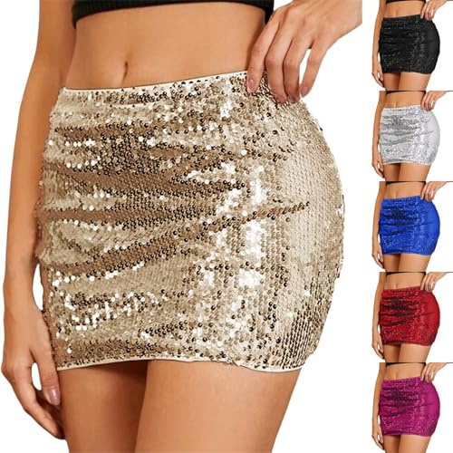Glitzer Rock Kurz Pailletten Rock für Damen Paillettenrock Silber Gold Sexy Midi Skirt Hüftrock mit Elastische Taille Glitzerrock für Party Rave Outfit Glitzer Röcke