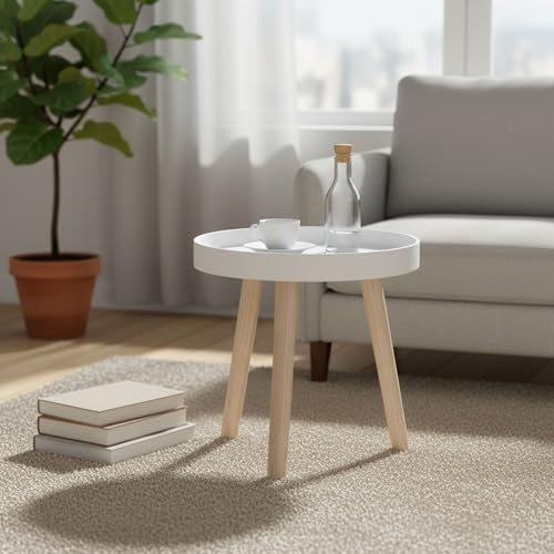 INDE MOBLEKIT | Mesita Auxiliar Madera Blanca 60 cm con 3 Patas, Mesa Redonda Práctica para Salón o Dormitorio, Mesita Decorativa Estética Nórdica para Hogar Moderno
