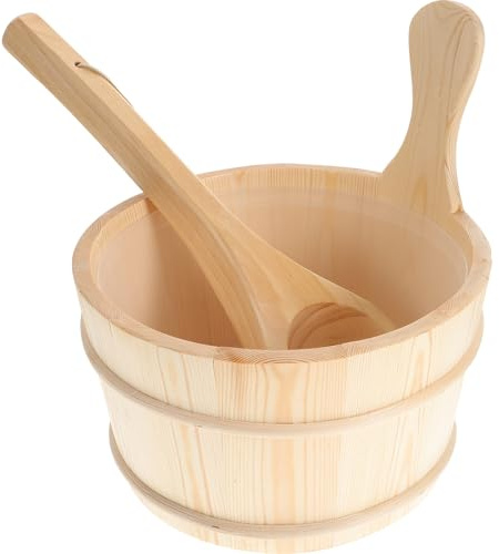Hemobllo Sauna Bucket and Ladle Set Wooden Bathing Barrel with Spoon for Home Sauna Steam Room and Foot Soaking 10.63 X 10.24 X 10.24 in