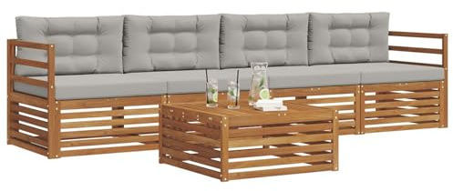 vidaXL Outdoor-Sofagarnitur mit Kissen 5 pcs Natürlich und Hellgrau, Gartenlounge, modernes Outdoor-Sofa, Sitzmöbel für die Terrasse, langlebige Komfort-Einheit