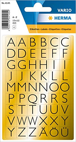 HERMA Buchstaben Aufkleber Gold, 216 Stück, 13 x 12 mm, selbstklebend, klein, Alphabet Sticker Klebebuchstaben A-Z aus Folie zum Aufkleben, schwarz