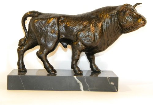 Skulptur Figur Stier großer Bulle Eisenfigur + Marmorsockel + Bronze - Optik Börse Deko Schreibtischdeko Banker