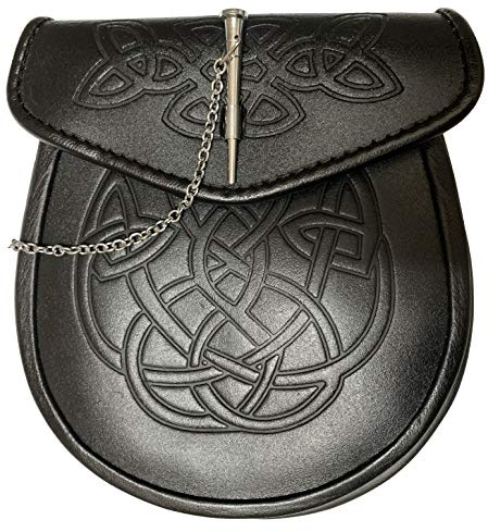 Hamilton Kilts Celtic pattern Leather Sporran Chrome Finish Wallet with Brass pin