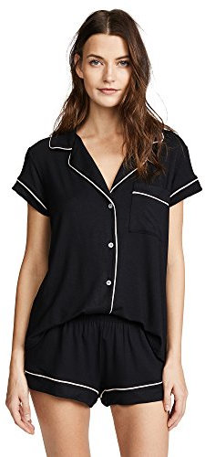 Eberjey Gisele Classic Women's Pajama Set | Short Sleeve Button Down Shirt w Front Pocket, Shorts w Elastic Waist (Large, Black/Sorbet Pink)