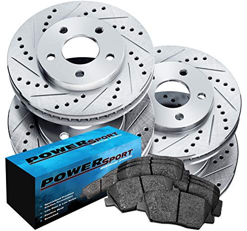 PowerSport Front Rear Silver Drilled Slotted Brake Rotors and Semi Metallic Brake Pads Compatible For 1997-2002 BMW Z3