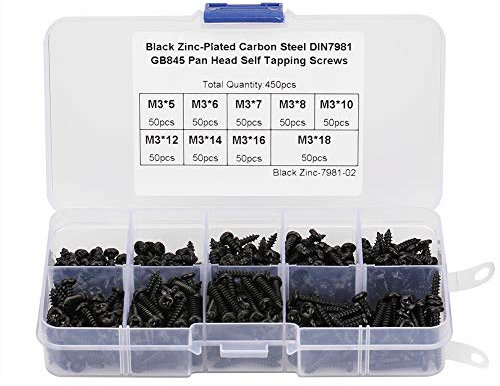 Wifehelper 450 Stücke Selbstschneidende Schrauben Set Kohlenstoffstahl Schwarz M3 Cross Pan Head Sortiment Kit für Kunststoff Holz Weichmetall
