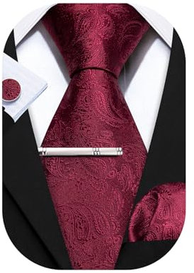 Barry.Wang Herren-Krawatte, Paisleymuster, kariert, gestreift, Blumenmuster, seidig, Einstecktuch, Manschettenknöpfe, Clip-Set, Hochzeit, Party, formell, Business, Burgunderrot 5028, Einheitsgröße