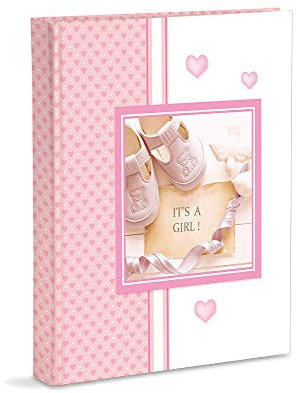 Album Foto Nascita con Diario 23X30Cm 56 Pg Bianche e 4 Pg Diario Personalizzabili Pagine in Cartoncino Spesso e Resistente Intervallate da Pergamino, copertina in carta stampata scarpe rosa