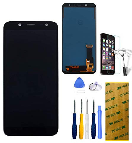 Xlhama Écran LCD Compatible Compatible pour Samsung Galaxy J6 J600 2018 Noir avec Kit d’Outils de Réparation Adhésif Feuille en Verre Trempé