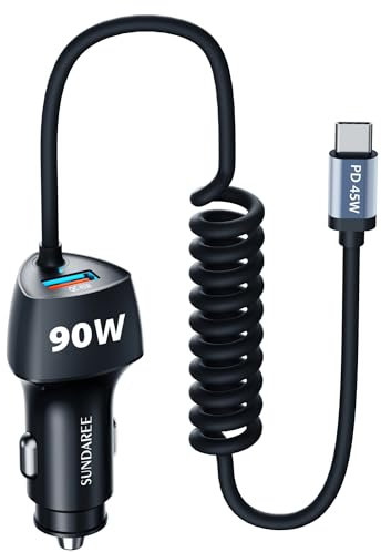 SUNDAREE Auto Ladegerät USB C Kabel,90W 12V 24V Kfz Handyladegeräte PD Typ C Schnellladen 1.8M Spiral Einziehbares Ladekabel Zigarettenanzünder Adapter für Samsung A54/iPhone 15/Redmi Note 12/MacBook