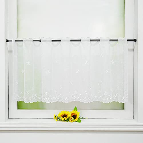 Yujiao Mao 1er-Pack landhausstil Scheibengardine mit Blumenstickerei Leinenoptik Küchengardine Bistrogardine transparente Kaffee Gardine, mit Lochleiste, HxB 30x90cm, weiß