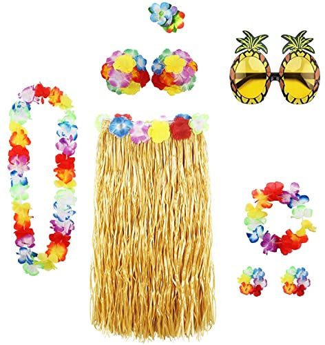 SoftcuteLee Hawaiian Garlands Hula Skirt Costume Accessory Kit Hula Grass Skirt Lei Flower Lei Luau Garland Pineapple Glasses Necklace Costume Fancy Dress for Women Novelty Luau Skirts Party - 8PCS
