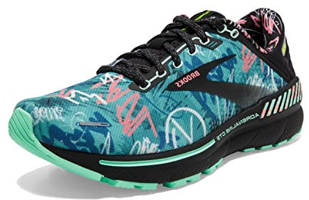 Brooks Adrenaline Gts 22 Damen-Sneakers, geformte Schaumstoff-Einlegesohle, Schnürverschluss und bequemes Textilfutter, Schwarz/Yucca/Flamingo-Pink, 35,5 EU
