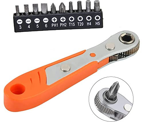 HOMEJOY Ratschenschlüssel Magnetisch 1/4 Zoll Ratschen Wendeschrauber Set mit 10 Stück Verschiedene Schraubendreher Bits Winkelschraubendreher für Zuhause Garage Bauarbeiter Rennrad Motorrad