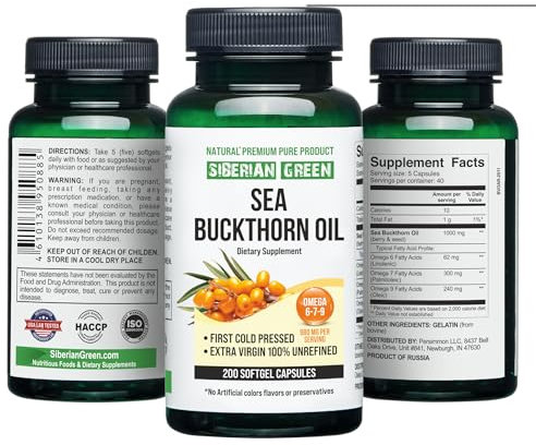 Cápsulas de aceite de espino cerval de mar siberiano 200 cápsulas blandas | de bayas de espino amarillo siberiano cosechadas silvestre