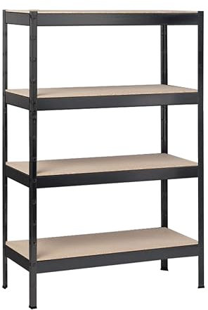 SCHULTE Regalwelt Schwerlastregal mit 4 Holzböden, 180x100x35 cm (HxBxT), Traglast pro Ebene ca. 90 Kg, schwarz-Struktur, Lagerregal, Kellerregal, Werkstattregal, Steckregal