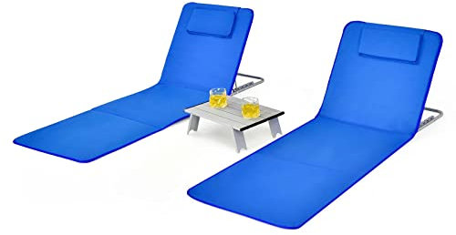 COSTWAY 2er Set Strandmatte mit Beistelltisch, Kopfkissen & Staufach, Liegematte mit Verstellbarer Rückenlehne, Sonnenmatte faltbar, leicht, tragbar, Strandliege für den Strand (Blau)