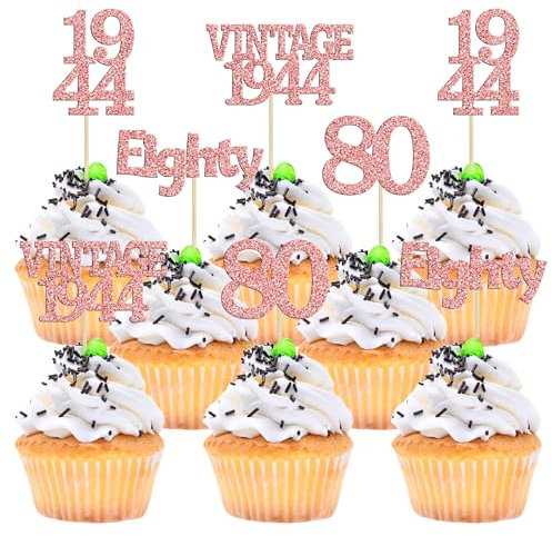 Gyufise 24Pcs 80th Birthday Cupcake Toppers Glitter Cheers to 80 Fabulous Eighty Vintage 1945 Cupcake Picks 80th Birthday Wedding Anniversary Party Cake Decorations Supplies Rose Gold