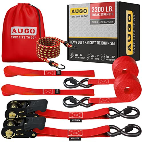AUGO Ratchet Tie Down Straps –2PK– 4.5M – 1000KG Break Strength – Safety Lock S Hooks –for Moving Cargo, Appliances, Lawn Equipment, Motorcycle – Includes 1 Bungee Cord, 2 Soft Loops, Storage Bag