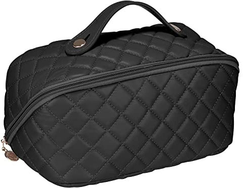Kosmetik Tasche Damen Großem Fassungsvermögen, Reise Make Up Tasche, Tragbare Wasserdichter Leder Kulturtaschen, Kulturtasche mit Fächern, Kosmetik Aufbewahrung für Reisen, Berufung usw(Schwarz)