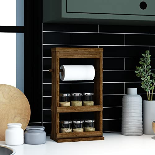 [en.casa] Scaffale Autoportante (AxLxP) 45 x 28 x 12,5 cm Portaspezie a 2 Ripiani con Portarotolo Carta Assorbente Organizzatore in Legno di Pino per Cucina, Bagno