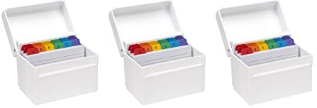 OSCO Small White Hi-Gloss Plastic Index Box, 3 Pack, A to Z Divider Tabs, 100 Lined Notecards, Ruled Revision Flash, Recipe Notes, Contacts Filing, Desktop Organiser, Holds 5 × 3 Cards (127 × 76 mm)