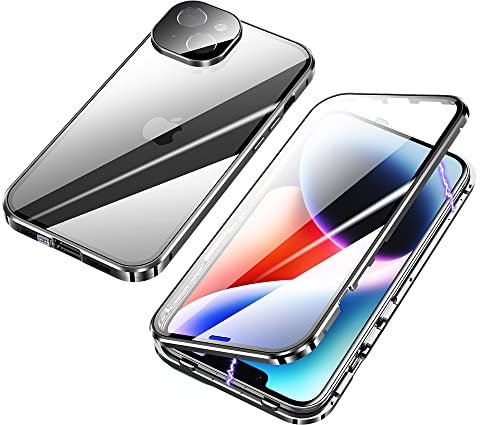 ksscaly Case for iPhone 14 Plus, 360 Degree Full Body Protection with Safty Lock Magnetic Adsorption Metal Bumper Front and Back Tempering Glass Cover for iPhone 14 Plus (6.7 inch) (Black)