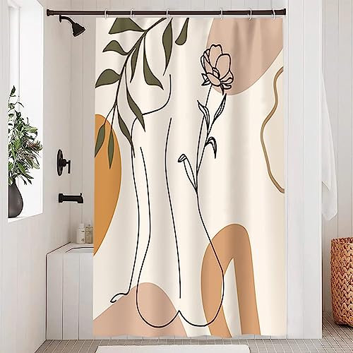 Uiiooazy Rideau Douche 120x200cm, Rideau de Douche Anti Moisissure Boheme Femme Abstrait Feuilles Vert Rideaux de Baignoire Tissu Lavable Imperméable Polyester Rideaux Salle de Bain avec 8 Crochets