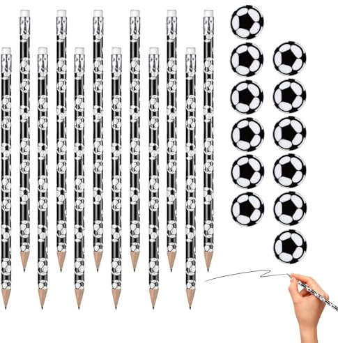 FainFun 12 Stück Fußball Bleistifte mit Radiergummi, Radiergummi Kinder Fußball, Fußball Stifte, Fußball Radiergummi Set für Schule Schreibwaren Kindergeburtstag Gastgeschenke