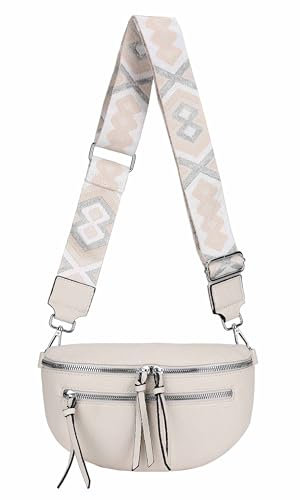 ITALYSHOP24 Damen Tasche Umhängetasche Brusttasche Muster Gürtel Bauchtasche Crossbody Gürteltasche Hüfttasche Crossover Bodybag Schultertasche Handytasche Leder Optik Beige S